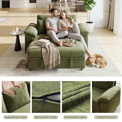 61” Pull Out Couch, 2 in 1 Sleeper Sofa Bed with Throw Pillow, Convertible Small Loveseat Sleeper Couch for Living Room, Bedroom, Apartment (Green) - color: Green, size: 2 Seat Sleeper
