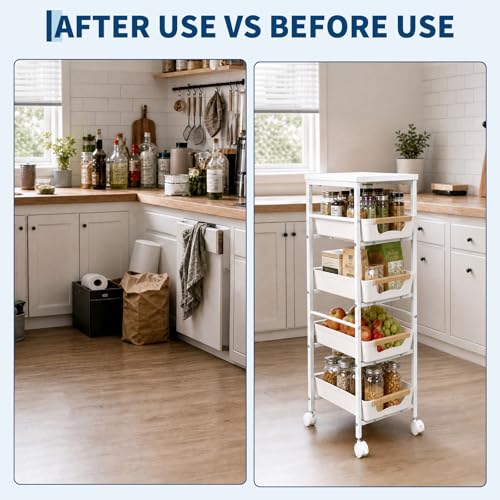 Garvee 5-Tier Slim Rolling Storage Cart, 8.1" Wooden Top Narrow Kitchen Carts on Wheels with Pull-Out Baskets, Mobile Shelving Unit Organizer for Kitchen, Bathroom, Laundry Room, Small Spaces