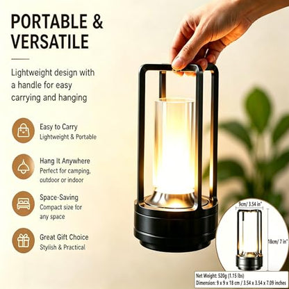 Rechargeable Crystal Table Lamp, 3-Color Touch LED, Black | Black metal crystal lantern, 3-color touch dimming, USB-C rechargeable, compact 7.1 in accent light for patio table - style: black-1