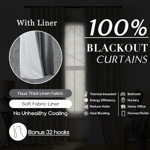 PANELSBURG Dark Gray 100% Total Blackout 63 Inch Curtains for Bedroom Living Room Sound Proof Insulated Curtains - color: Dark Gray, size: 50"W x 63"L (Pack of 2)