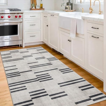 Machine Washable Area Rug Runner - Living Room Bedroom Bathroom Kitchen Entryway Office -Non-Slip Baking Low Pile Stain Resistant Premium - Modern Geometric Loki-Beige & Black 2'6" x 6' - color: Loki - Beige Black, size: 2'6" x 6' (Rectangular)