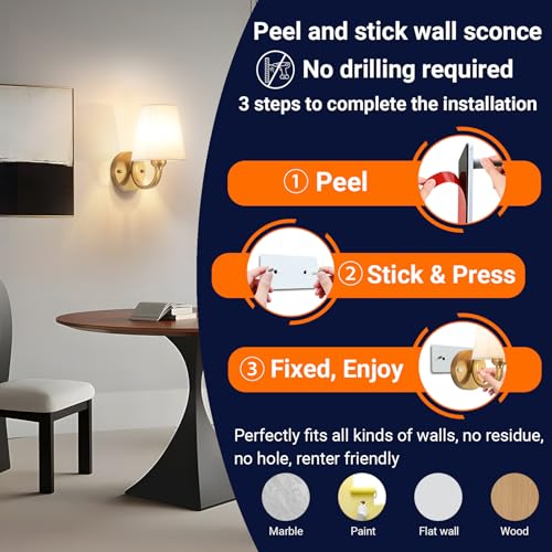 YHCDLAMP Peel and Stick Wall Sconces, No Drilling Stick On Wall Sconce, Wireless Battery Operated Wall Lights, Adhesive Wall Lamp with 10000mAh Battery Bulb for Bedroom Living Room Decor - color: Bronze-10.2inch