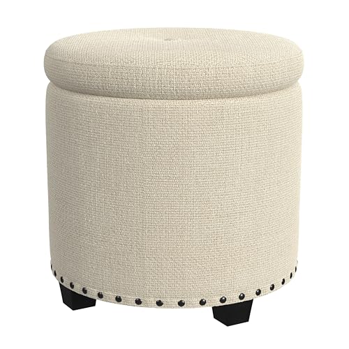 HomePop 18.5" Round Storage Ottoman with Nailheads - Cream Woven - color: Cream Woven