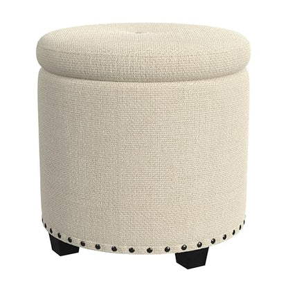 HomePop 18.5" Round Storage Ottoman with Nailheads - Cream Woven - color: Oatmeal Linen