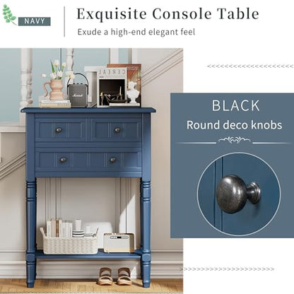 Merax Narrow Console Table, Elegant Slim Entryway Table Sofa Table with Three Storage Drawers and Bottom Shelf for Entryway for Hallway, and Living Room (Navy) - color: Navy