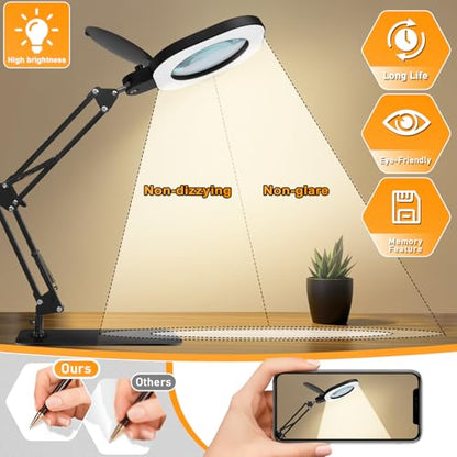 15X Magnifying Lamp with Light,5-Inch Optical Glass Lens, 3-in-1 Desk/Clamp/Floor Stand, LED Lighted Magnifier, Stepless Dimming for Close Work, Crafts, Repair, Reading, Sewing, Black - color: Black