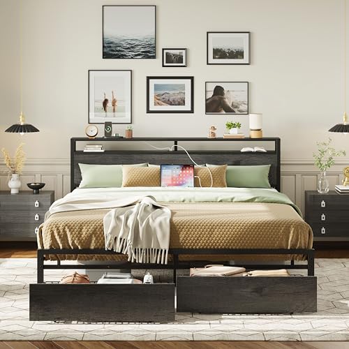 LIKIMIO California King Bed Frame with 2 Storage Drawers & Charging Station - color: Charcoal Grey, size: California King