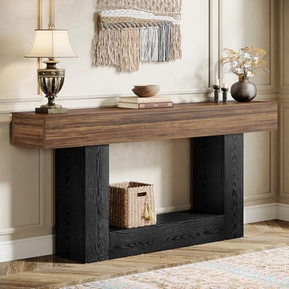Tribesigns 63" Console Table, Farmhouse 2-Tier Entryway Table with U-Shaped Base, Narrow Long Wood Behind Couch Table for Living Room, Hallway, Foyer, Dark Brown & Black - color: Dark Brown & Black