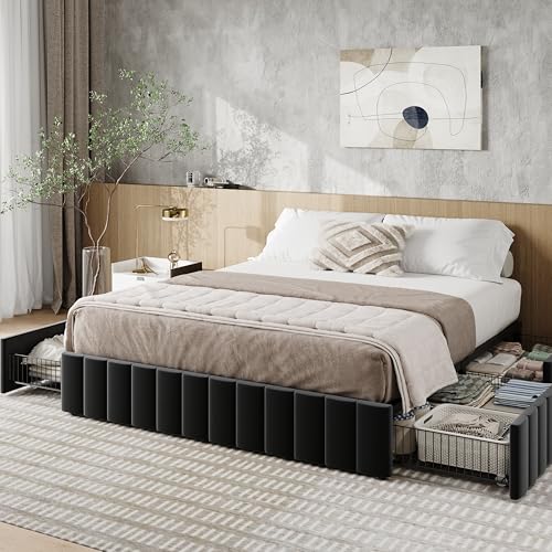 Allewie Full Size Platform Bed Frame with 4 Large Storage Drawers, Velvet Vertical Channel Tufted Upholstered Bed Base, Wooden Slats Support, Noise-Free, No Box Spring Needed, Easy Assembly, Black - color: Black, size: Full