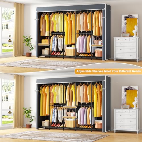 H50C Clothes Rack with Cover, Large Covered Clothing Rack, Gray | Freestanding Portable Closets for Hanging Clothes, Heavy Duty Garment Racks with Shelves, 91.3 Inches Wide, Max Load 1350 Lbs - color: Black Rack with Gray Cover