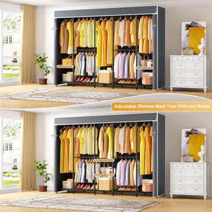 H50C Clothes Rack with Cover, Large Covered Clothing Rack, Gray | Freestanding Portable Closets for Hanging Clothes, Heavy Duty Garment Racks with Shelves, 91.3 Inches Wide, Max Load 1350 Lbs - color: Black Rack with Gray Cover