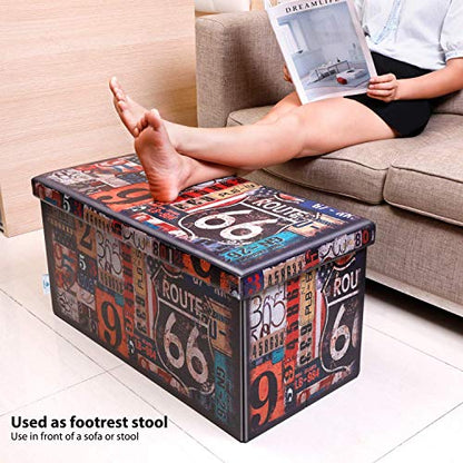 B FSOBEIIALEO Folding Storage Ottoman Cube Bench with Faux Leather Ottomans Footrest Seat, Coffee Table Route 66