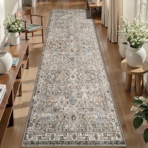 Tangsoo 2.6x14 Washable Runner Rug for Hallway Non Slip,Boho Beige Long Rug | Vintage Floral Carpet Runner for Kitchen Entryway,Distressed Grey Runner Soft Low Pile Gray Mat for Bedroom Bathroom Laundry - color: Distressed Beige Grey, size: 2'6" X 14' (Ru