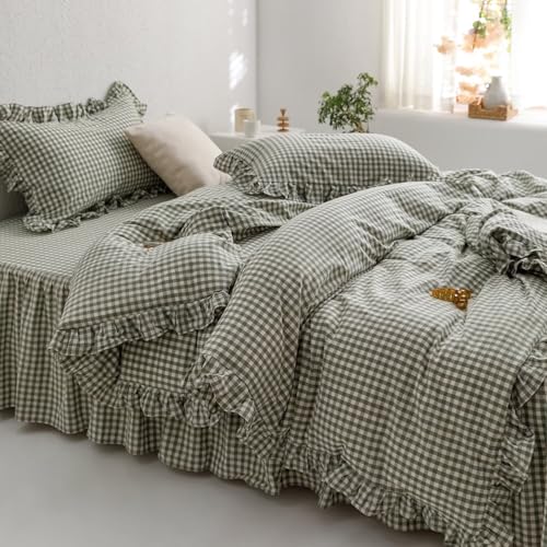 MKXI Sage Green Gingham Duvet Cover Twin, 3-Piece Ruffled Bedding Set - 100% Washed Cotton, Breathable Lightweight Fabric - Farmhouse Boho Chic Style Comforter Cover - color: 002 Ruffle- Green Gingham, size: Twin