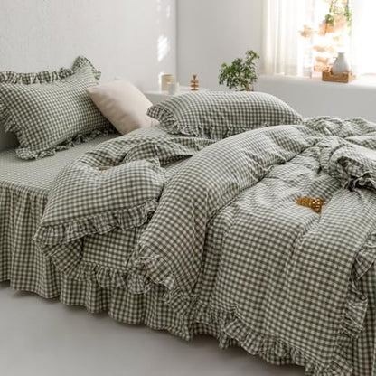 MKXI Sage Green Gingham Duvet Cover Twin, 3-Piece Ruffled Bedding Set - 100% Washed Cotton, Breathable Lightweight Fabric - Farmhouse Boho Chic Style Comforter Cover - color: 002 Ruffle- Green Gingham, size: Twin