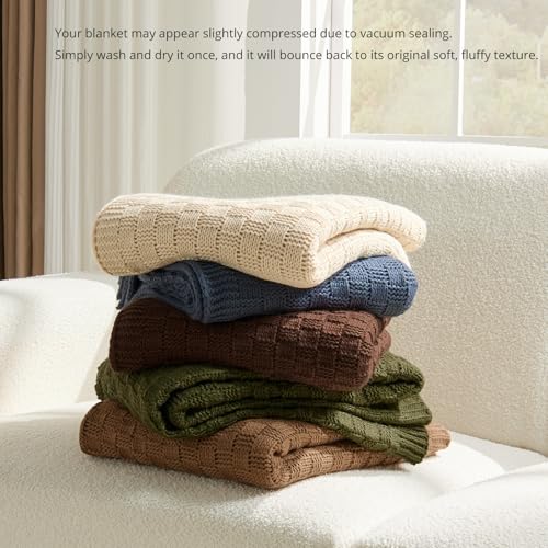 Light Brown Throw Blanket, Cute Checkerboard Knit, 50x60 Inches | Soft Cozy Lightweight Knit Blanket for Couch Bed, Warm and Breathable, Reversible Textured Knit Throw, Caramel Brown - color: Check-light Brown, size: 50"x60"