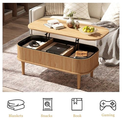 Fluted Lift Top Coffee Table with Hidden Storage, Oval Coffee Table with Lifting Top, Mid Century Modern Design for Living Room, Office & Small Spaces, Natural - color: Natural