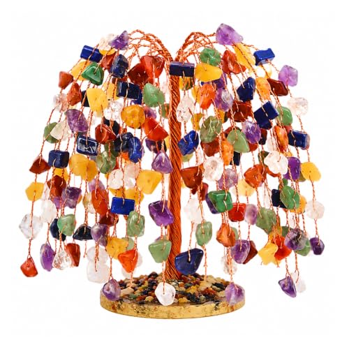 Seven Chakra Crystal Tree of Life – Handmade Gemstone Money Tree for Good Luck, Positive Energy | Feng Shui Home Office Desk Decor | Spiritual Gift for Women, Mom, Birthday, Christmas, Housewarming - color: N4- 7 Chakra Tree Slice Base Khajuri 300 Beads (