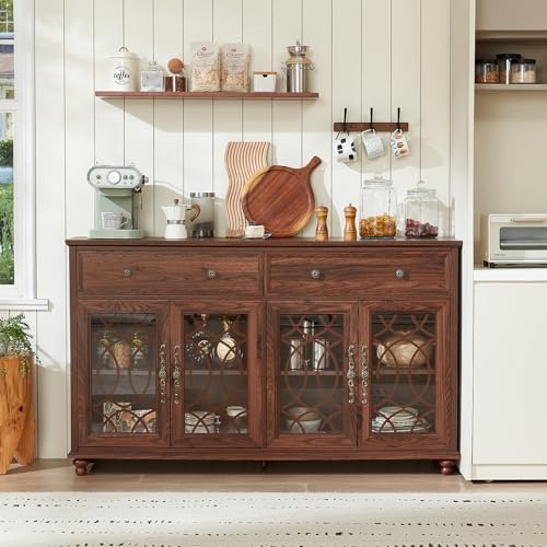 Joaxswe Farmhouse Sideboard Buffet Cabinet with Storage,59" Large Credenza with 4 Glass Doors & 2 Drawers,Adjustable Shelves Console Table,Wood Kitchen Coffee Bar for Dining Room,Living Room,Brown