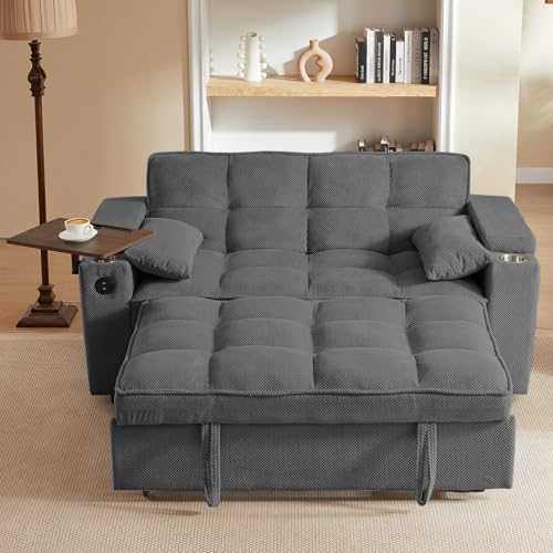 65'' 3-in-1 Folding Convertible Sofa Bed, Queen Size Pullout Sofa, Modern Chenille Fabric, 360° Swivel Side Table, Easy Assembly, Perfect for Living Room - color: Dark Grey-a