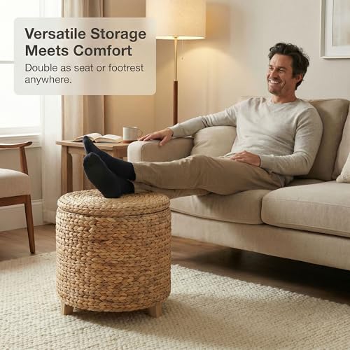 DEILSY™ Round Ottoman with Storage Water Hyacinth Wicker Ottoman with Lid | Handwoven round storage ottoman, wicker ottoman with lid, ideal as extra seating, blanket storage and home organization