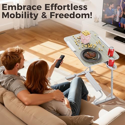 Upgraded Folding TV Tray Table, Sturdy Couch & Dinner Laptop Table | Adjustable Height & Angle Portable Desk for Eating, Work & Recliner; Includes Footrest, Cup Holder, iPad Holder, Edge Stopper - color: (White) - Bright Wood
