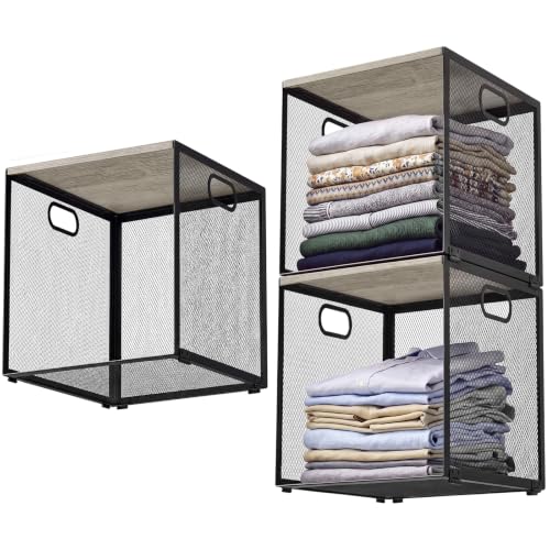 AceOrbit 3 Pcs Widened Stackable Closet Organizers and Storage with Wood Foldable Top Metal Cube Closet Shelf DIY Space Saving Linen Cloth Shoe Bed Sheet Bin for Wardrobe Bedroom (12"x12"x12", Lights) - color: Lights, size: 12"x12"x12"