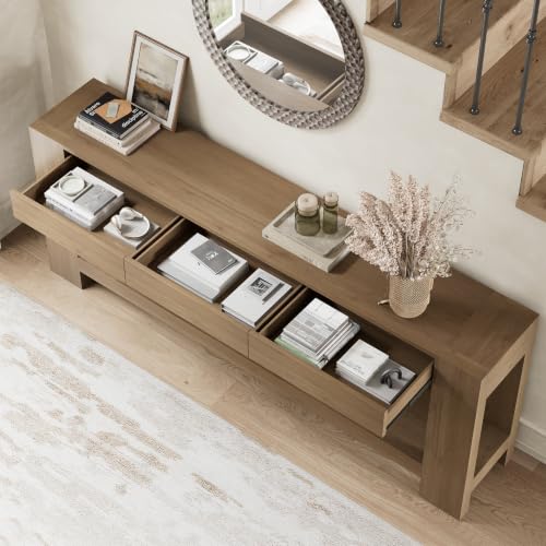 78.75" Extra Long Console Table with 3 Drawers, Farmhouse Entryway Table with Storage Shelf, Wood Accent Sofa Table for Living Room Hallway Entryway, Rustic Brown
