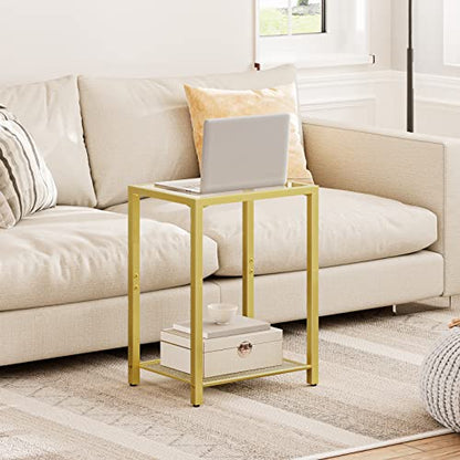 HOOBRO Side Table, 2-Tier End Table, Nightstand for Tight Spaces, Tempered Glass Bedside Table, Modern Metal Frame, for Office, Bedroom, Living Room, Study, Gold GD76BZ01