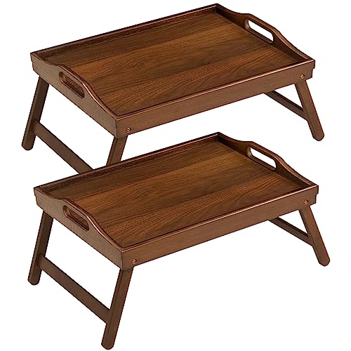 2 Pack Bed Tray Table Breakfast Trays Serving Tray Bamboo Bed Laptap with Floding Legs Handles and Phone Holders - color: Walnut 2 Pack