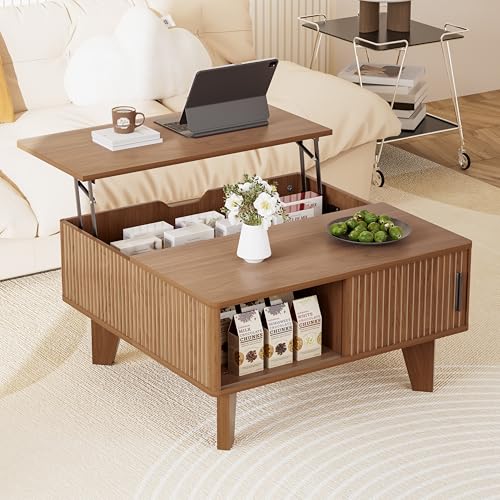 Square Lift Top Coffee Table with Storage, Wood Fluted Mid Century Modern Center Table for Living Room with Sliding Tambour Door, Walnut - color: Walnut-square (Sliding Door)