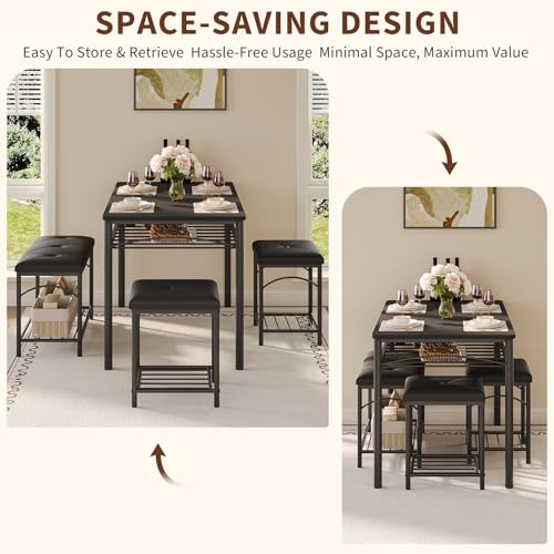 Space-Saving Dining Table Set for 4, Modern Kitchen Dinette with Padded Upholstered Bench & 2 Stools, Anti-Wobble Metal Frame Dining Furniture with Multi-Layer Storage Shelf, Waterproof Wood Grain Tab - color: Black