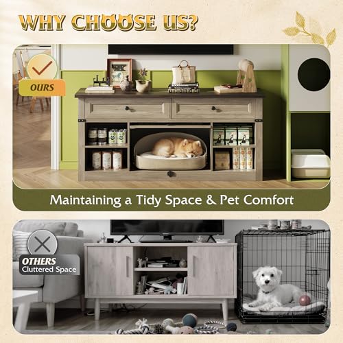 WLIVE Farmhouse TV Stand up to 65 Inch TV with 2 Storage Drawers & Open Shelves, Entertainment Center with Small Dog/Cat House, TV Cabinet for Living Room, Bedroom,Dog Crate Furniture(Grey Oak) - color: Grey Oak