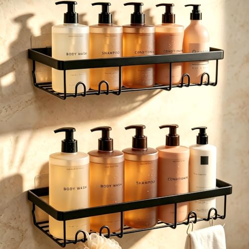 Moforoco Shower Caddy Shelf Organizer Rack, Self Adhesive Black Bathroom Shelves Basket, Home Farmhouse Wall Inside Organization and Storage Decor Rv Accessories, First Camper Apartment Essentials - color: Black, size: Medium