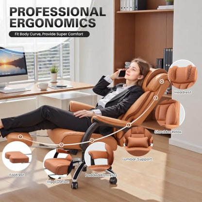 BestGlory Office Desk Chair, Big and Tall Leather Gaming Chair with Footrest, Ergonomic Comfy Executive High-Back Reclining Computer Chairs, Wide Swivel Rolling Wheels and Padded Lumbar Support, Brown - color: Terracotta, style: Freely Reclining