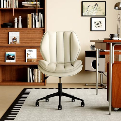 Home Office Desk Chair with Wheels, Armless Adjustable Height PU Leather Office Chair, Mid Back Ergonomic Computer Chair, Walnut Curved Seat Design No-Arm Chair (GX-9008-Whtie) - color: Gx-9008-whtie