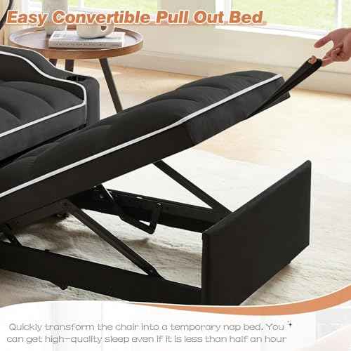 Sleeper Sofa Chair Bed 3 in 1 with Charging Ports, Phone Holder & Cup Holders - Modern Velvet Convertible Pull Out Single Sofa Bed for Small Spaces, Apartment, Dorm (Black) - color: Black