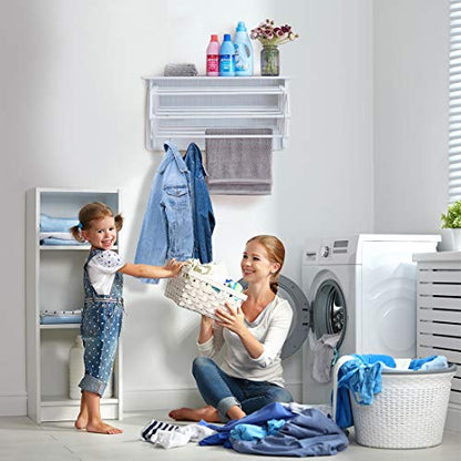 Danya B Accordion Clothes Drying Rack, Retractable, Wall Mounted Towel Rack and Hooks for Clothes and Towels for use in Laundry Room or Garage - White