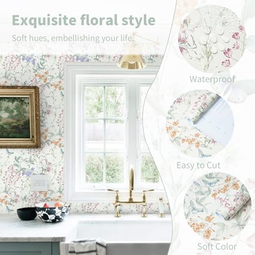 197"x17.3" Floral Wallpaper Beige Peel and Stick Wallpaper Cream Neutral Boho Contact Paper Botanical Wildflower Morden Cottage Renter Friendly Bathroom Flower Kitchen Self Adhesive Vinyl Roll - color: Flutter Beige, size: 17.3" x 197"