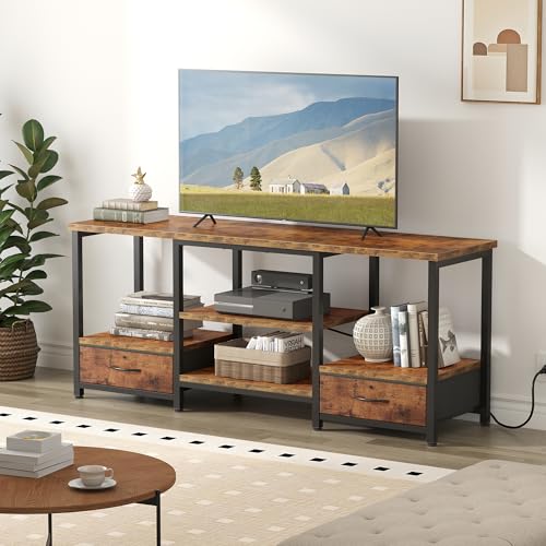 DUMOS 47" TV Stand with Fabric Drawers for 50 55 Inches TV | Entertainment Center and Industrial TV Console Table with Open Storage Shelves for Living Room, Bedroom, Rustic Brown - size: 15.8"D x 47.2"W x 21.7"H