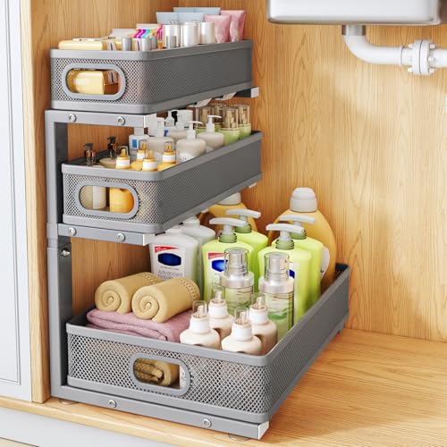 Under Sink Organizer, 3-Tier Thickened Metal Pull out Cabinet Organizer Shelf, Height Adjustable Slide out Storage Drawer Rack for Kitchen Bathroom Pantry Laundry Home Organization, 1-Pack, Grey | 35% Extra Storage Capacity, Carbon Steel, Hold Up 55lbs, S