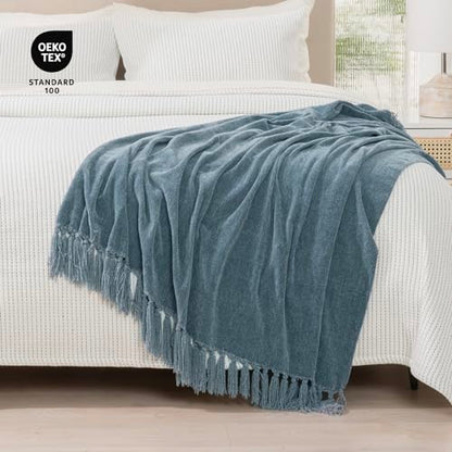 RECYCO Throw Blanket Soft Cozy Chenille Throw Blanket with Fringe Tassel for Couch Sofa Chair Bed Living Room Gift (Dusty Blue, 60'' x 80'') | Super Soft Knit Throw Blanket with Fringe Tassels, Lightweight Knitted Throw, Cozy, Ideal for Sofa Chair Bed Liv