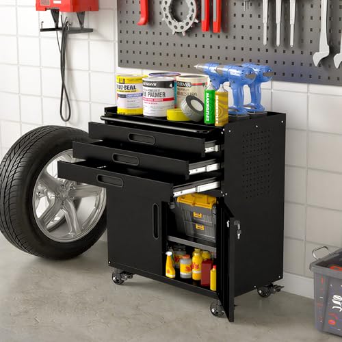 Garage Storage Cabinet, Metal Rolling Tool Cabinet with 2 Pegboard and 10 Hook, Heavy Duty Mechanics Tool Chest Storage for Workshop, Basement, Warehouse, Include Workbench Liner, Black - color: Black, size: 3 Drawer & 2 Doors