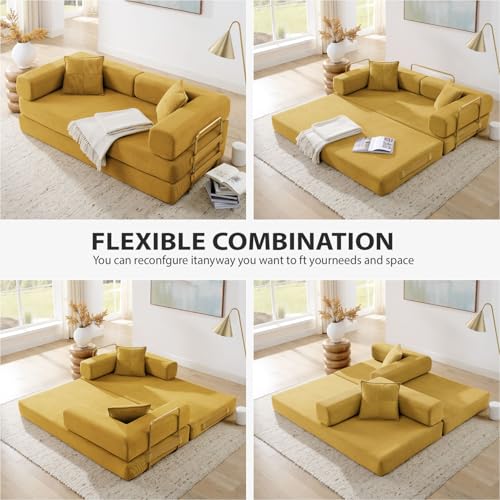 HANXIN Convertible Sleeper Sofa Bed, 78 Inch Folding Floor Mattress Couch with Fixed-Shape Frame, Futon Boneless Couch Lounge Loveseat with Pull Out Bed, No Assembly Required (Yellow) - color: Yellow, size: 78" Loveseat Sofa Bed