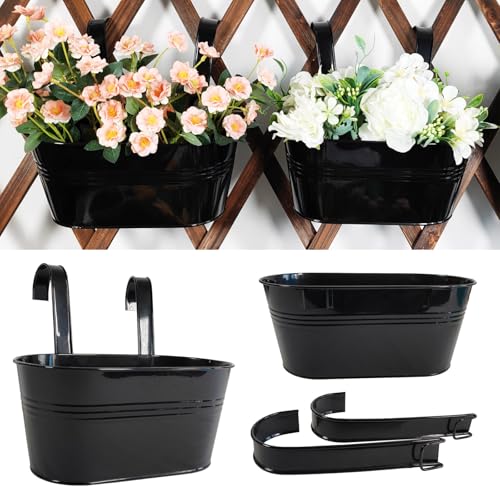 10" Metal Hanging Planter for Railing with Detachable Hooks, Black, 2 Pcs | Removable hook, Drainage hole, Rustproof, For flowers / herbs / succulents, veggies, For railings / fences / balconies - color: Black