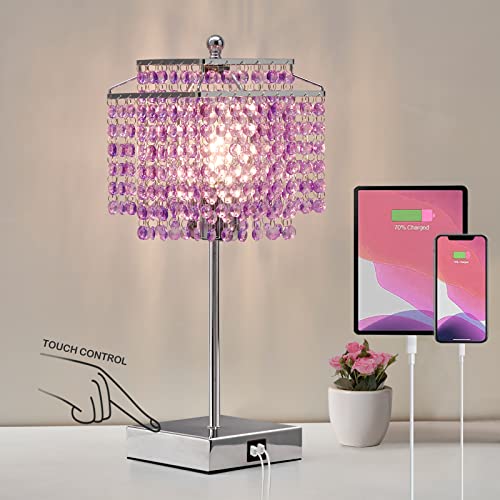 Luvkczc Crystal Table Lamp, Touch Lamp with USB C+A Ports, Dimmable Lamp with Crystal Shade, Purple Nightstand Lamp for Girl Bedroom, Living Room, Bulb Included - color: Purple