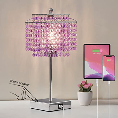 Luvkczc Crystal Table Lamp, Touch Lamp with USB C+A Ports, Dimmable Lamp with Crystal Shade, Purple Nightstand Lamp for Girl Bedroom, Living Room, Bulb Included - color: Purple