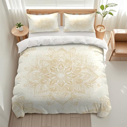 Floral Botanical Boho Flower Designed Duvet Cover Set, 3 Piece Soft Bedding Set (1 Duvet Cover and 2 Pillowcases), Floral Comforter Cover Set (Beige Gold Mandala Boho, King (104" x 90")) - color: Beige Gold Mandala Boho, size: King (104" x 90")