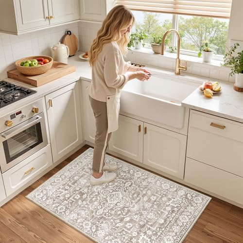 Soalmost 2x3 Area Rugs for Entryway, Washable Neutral Soft Rug Light Brown | Vintage Floral Low Pile Non-Slip Throw Rugs, Accent Rug Floral Indoor Mat for Bedside Living Room Kitchen Bedroom 2'x3' - color: Light Brown, size: 2' x 3' (Rectangular)