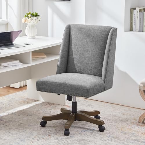 Upholstered Armless Office Chair Fabric Swivel Home Desk Chair with Wheels | Modern Comfy Boho Office Chair with Wooden Legs Adjustable Desk Chair no Arms for Sewing Women Farmhouse Study Studio Grey - color: Grey